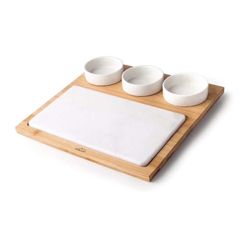 Planche marbre et Bambou avec 3 bols Diamètre 8cm Hauteur 3cm pour sauce 280x280x1.5cm