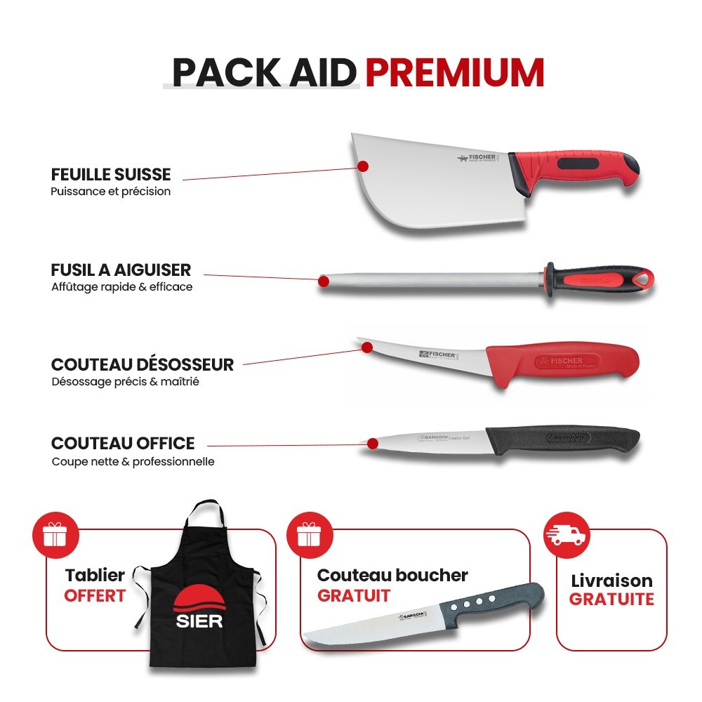 PACK AÏD PREMIUM - Feuille suisse, fusil à aiguiser, couteau désosseur, couteau d’office + couteau de boucher et tablier offerts
