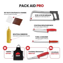 PACK AÏD PRO – Scie à os, couteaux, fusil à aiguiser, bouteille biberon + couteau désosseur et tablier de cuisine offerts