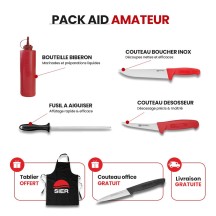 PACK AÏD AMATEUR - Couteau boucher, couteau désosseur, fusil à aiguiser, bouteille biberon + couteau office et tablier offerts