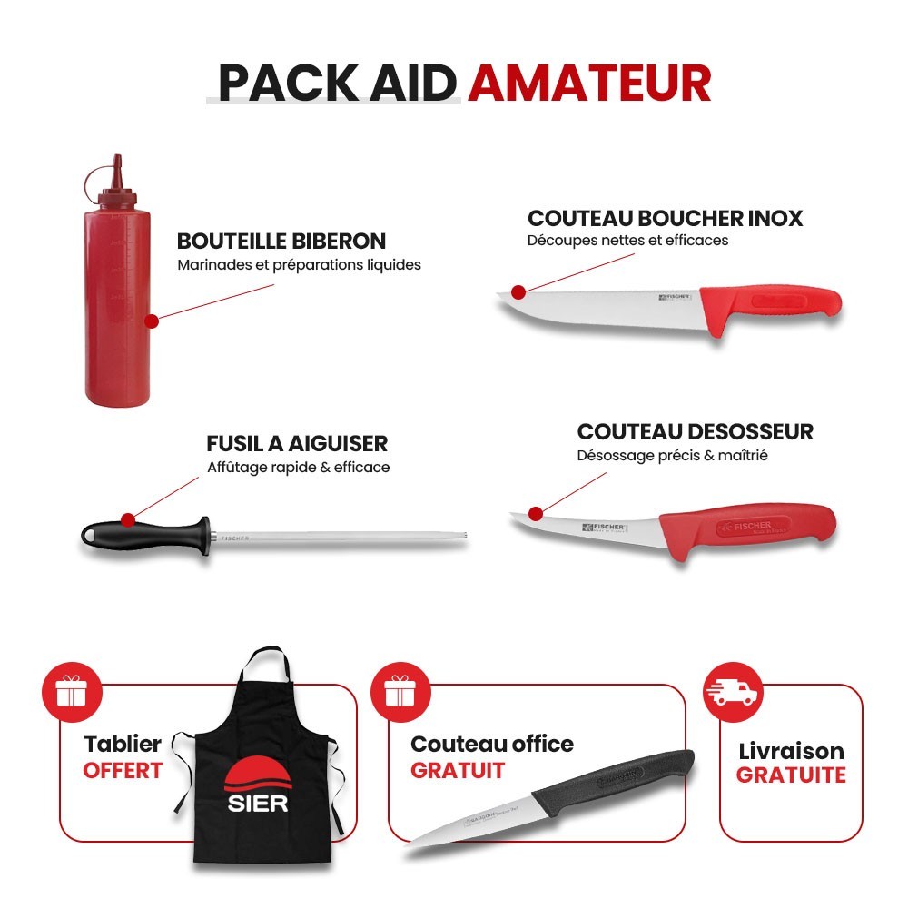 PACK AÏD AMATEUR - Couteau boucher, couteau désosseur, fusil à aiguiser, bouteille biberon + couteau office et tablier offerts