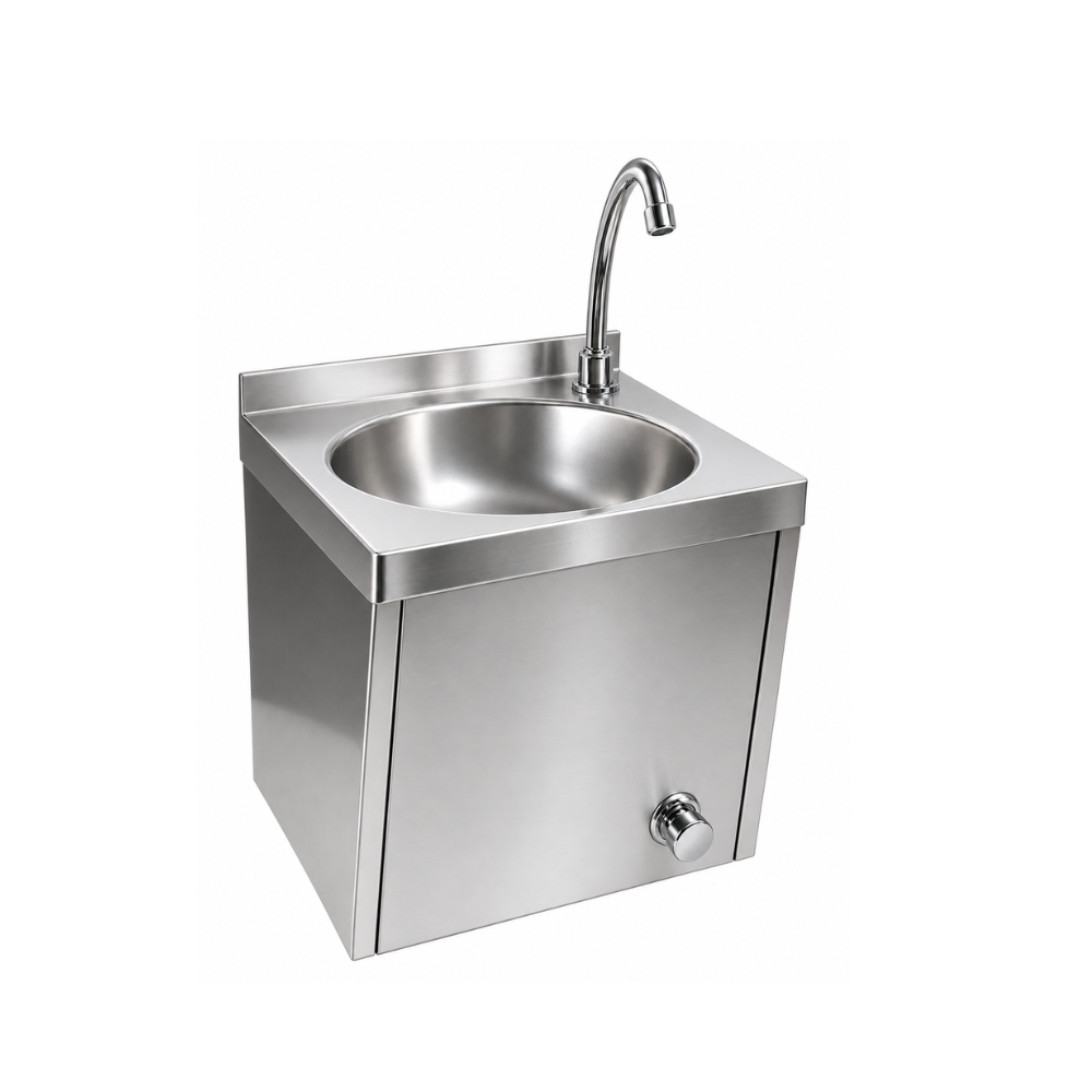 Lave-mains mural en inox 400 × 400 mm avec robinet à commande à genoux
